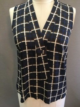 Womens, Top, J CREW, Black, White, Brown, Navy Blue, Silk, Check , 8, Black Background with Brown/White/Navy Overlayed Check Pattern, Sleeveless, V-neck Extended Into Tie Front, Pleated at Back Yoke