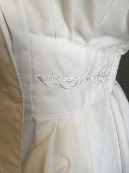 Womens, Nurses Dress, PEACHES UNIFORM, White, Poly/Cotton, Solid, 6, Notched Lapel, Double Breasted, Side Gathered Waist Band with White Flower Embroidery, 2 Side Pockets, Short Sleeve, 2" Gathered Elastic Waist Back