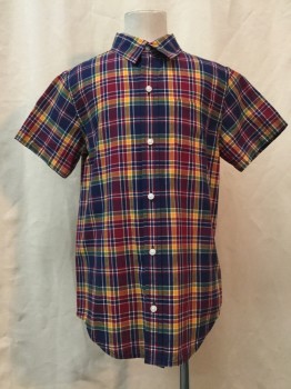 Mens, Casual Shirt, JANIE & JACK, Navy Blue, Mustard Yellow, White, Red Burgundy, Green, Cotton, Plaid, 8, Navy/ Mustard/ White/ Burgundy/ Green Plaid, Button Front, Collar Attached, Short Sleeves, 1 Pocket,