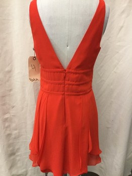 Womens, Cocktail Dress, BEBE, Red, Polyester, Solid, 4, Sleeveless, Plunging V-neck, Layered Skirt, Back Zip