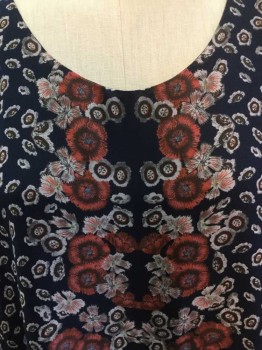 MAX STUDIO, Navy Blue, Salmon Pink, Brown, White, Slate Blue, Polyester, Floral, Navy W/light Gray,orange,yellow Small Flower Scatter All Over W/large Salmon,brown,slate Blue Flower Front Center and Hem, Solid Navy Lining, Round Neck,  1-1/2" Straps, Key Hole Back