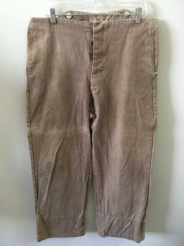 N/L, Beige, Cotton, Solid, Cotton Duck/Canvas, Button Fly, Suspender Buttons Inside Waist, 2 Side Seam Pockets, Belted Back, Made To Order Reproduction, **Barcode is on Pocket, Aged/Distressed,  Tear Left Side at Pocket