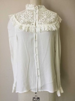 MAJE, White, Viscose, Solid, White, Lace Yolk with Ruffle Trim, Button Front, Long Sleeves,