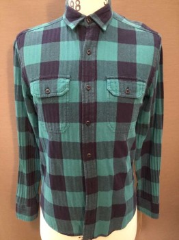 STAPLEFORD, Turquoise Blue, Navy Blue, Cotton, Check , Herringbone, Long Sleeves, Button Front, 2 Pockets, Collar Attached,