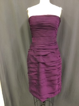 Womens, Cocktail Dress, ML, Plum Purple, Polyester, Solid, 4, Strapless, Side Zipper, Rouched Chiffon, Boning at Sides of Bodice