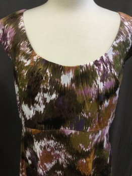CONNECTED APPAREL, Lavender Purple, White, Green, Brown, Rust Orange, Cotton, Spandex, Abstract , Scoop Neck, Empire Waist, Fitted Through Hips, Knee Length