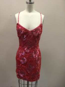 Womens, Cocktail Dress, ABC COSTUMES, Fuchsia Pink, Red, Polyester, Sequins, Floral, W:25, B:32, Fuchsia Polyester Base Covered in Fuchsia Beading, Clear Sequins, Red Netting and Embroidery, Spaghetti Strap, Mini Length