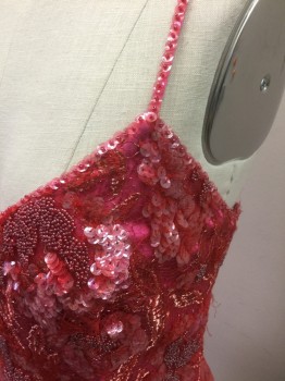 Womens, Cocktail Dress, ABC COSTUMES, Fuchsia Pink, Red, Polyester, Sequins, Floral, W:25, B:32, Fuchsia Polyester Base Covered in Fuchsia Beading, Clear Sequins, Red Netting and Embroidery, Spaghetti Strap, Mini Length