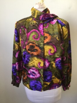 N/L, Olive Green, Magenta Purple, Purple, Goldenrod Yellow, Polyester, Abstract Floral Swirls, Button Front, Hidden Placket, Long Sleeves, Pleated at Yoke, Pleated Large Collar/Scarf with Loop Pull Through