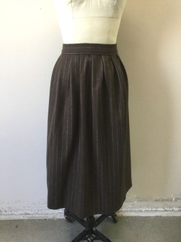 Womens, 1990s Vintage, Suit, Skirt, N/L, Brown, White, Wool, Stripes - Pin, W:27, White Dashed Pinstripes, 1.5" Wide Waistband, Pleated at Waist, Hem Mid-calf,  Slightly Flared, Made To Order,