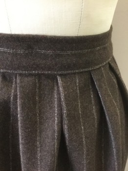 Womens, 1990s Vintage, Suit, Skirt, N/L, Brown, White, Wool, Stripes - Pin, W:27, White Dashed Pinstripes, 1.5" Wide Waistband, Pleated at Waist, Hem Mid-calf,  Slightly Flared, Made To Order,