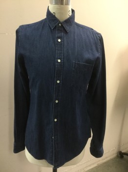 GANT NEW HAVEN, Denim Blue, Cotton, Polyester, Solid, Collar Attached, Button Front, Long Sleeves, 1 Pocket,