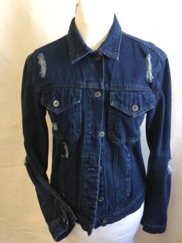 Womens, Jean Jacket, CARMAR, Navy Blue, Cotton, Solid, B 38, Collar Attached, Metal Button Front, Long Sleeves, Distress Holes All Over