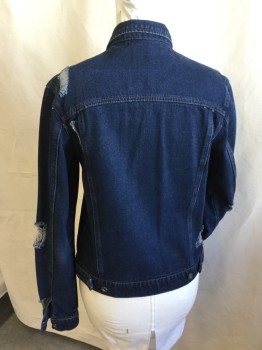 Womens, Jean Jacket, CARMAR, Navy Blue, Cotton, Solid, B 38, Collar Attached, Metal Button Front, Long Sleeves, Distress Holes All Over