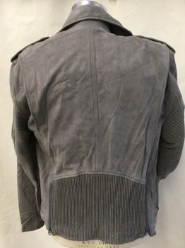 Mens, Leather Jacket, DENIM & LEATHER, Warm Gray, Suede, Solid, M, Notched Lapel with Snap Buttons, Epaulettes, Off Side Zip Front, 4 Pockets, Long Sleeves with Horizontal Quilt Under arms Work Detail and Zip Cuffs, Vertical Quilt Bottom Back with 2 Zippers