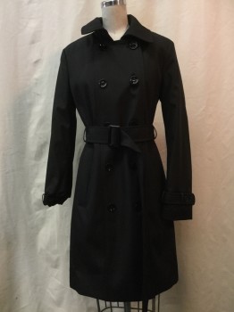 Womens, Coat, Trenchcoat, CALVIN KLEIN, Black, Polyester, Solid, XS, Black, Dbl Breasted, 10 Buttons, Collar Attached, Belt