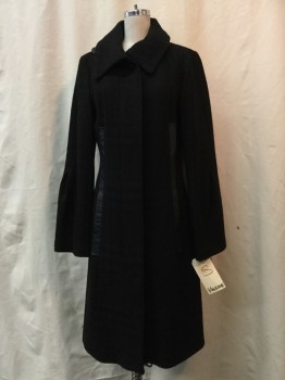 MACKAGE, Black, Wool, Polyester, Solid, Black, Button Front, Collar Attached, Leather Trim, Pleated Sleeve Detail,