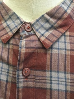 COLUMBIA, Maroon Red, Gray, Navy Blue, Cotton, Plaid-  Windowpane, Maroon with Gray and Navy Windowpane, Long Sleeve Button Front, Collar Attached, 1 Patch Pocket