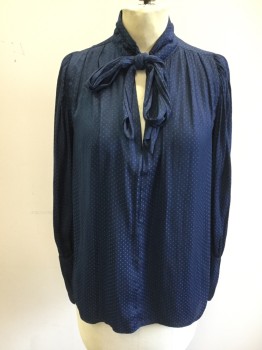 AQUA, Navy Blue, Lt Blue, Polyester, Dots, Navy with Lt Blue Dots, V-neck, Stand Collar with Self Front Tie Neck, Ruched at Shoulder Front, Gathered Sleeve Inset, Extended Cuff