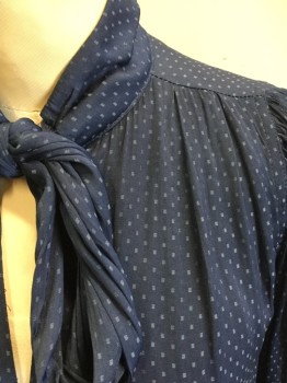 AQUA, Navy Blue, Lt Blue, Polyester, Dots, Navy with Lt Blue Dots, V-neck, Stand Collar with Self Front Tie Neck, Ruched at Shoulder Front, Gathered Sleeve Inset, Extended Cuff