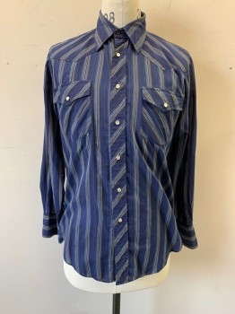 Mens, Western, ATB, Navy Blue, Olive Green, White, Gray, Cotton, Polyester, Stripes - Pin, Stripes - Vertical , 32-33, 15.5/, Western Style, Collar Attached, White Pearl Button Snap Front, Long Sleeves, Flap Pockets