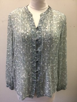 LIZ CLAIBORNE, White, Charcoal Gray, Aqua Blue, Lt Yellow, Polyester, Paisley/Swirls, White with Charcoal, Aqua and Light Yellow Paisley Pattern, Sheer Chiffon, Long Sleeve Button Front, Band Collar,  Pintucks at Front