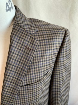 JOSEPH ABBOUD, Brown, Black, Blue, Wool, Grid , Button Front, Collar Attached, Notched Lapel, 3 Pockets, 2 Buttons