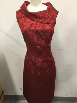 Womens, Cocktail Dress, CHELSEA ROSE, Red, Black, Polyester, Floral, 8, Floral Brocade Pattern, Sleeveless, Asymetrical Cown Neck, Back Zipper,