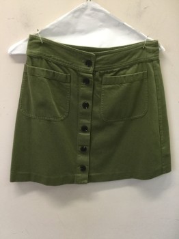 Womens, Skirt, Mini, MADEWELL, Moss Green, Cotton, Viscose, Solid, 2, 2" Waistband, Button Front, 2 Patch Pockets