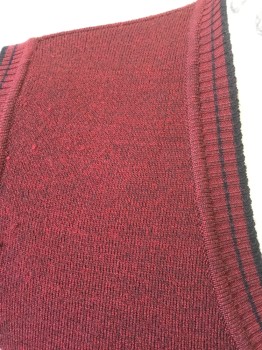 Mens, Sweater Vest, N/L , Maroon Red, Black, Cashmere, Wool, Heathered, Ch 38, Ribbed Knit V-neck/Armholes/Waistband with Black Stripes
