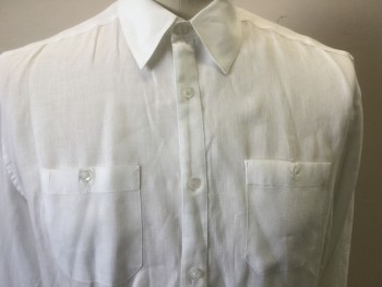 CUBAVERS, White, Linen, Solid, Long Sleeves, Button Front, Collar Attached, 2 Pockets with Button,