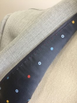 MOODS OF NORWAY, Gray, Wool, Solid, Single Breasted, Thin Peaked Lapel, 2 Buttons, 3 Pockets, Lining is Navy with Multicolor Circles/Dots