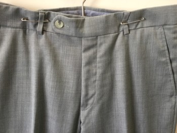 NEIMAN MARCUS, Lt Gray, Wool, Solid, Flat Front, Button Tab, 4 Pockets, Belt Loops