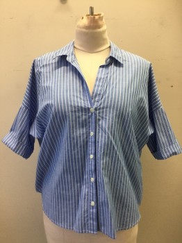 JOIE, French Blue, White, Cotton, Stripes, Chambray, Button Front, Collar Attached, Drop Sleeve Inset, Cuffed Short Sleeves