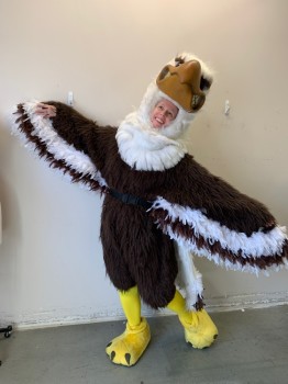 MTO, Dk Brown, White, Yellow, Synthetic, Feathers, Color Blocking, BODY- , Body is Dk Brown Faux Fur with Brown and White Chicken Feathers on Wings, Center Back Zipper,