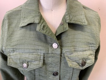 Womens, Jean Jacket, GUESS, Olive Green, Cotton, Faded, Reptile/Snakeskin, XS, Button Front, Cropped, 2 Pockets, Collar Attached,