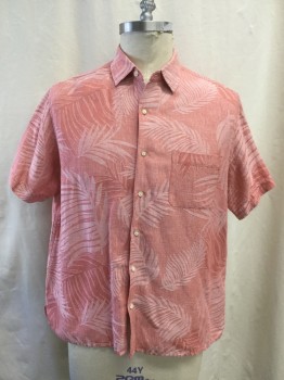 Mens, Casual Shirt, TASSO ELBA, Faded Red, White, Silk, Linen, Leaves/Vines , XL, Floral Weave, Button Front, Collar Attached, Short Sleeves, 1 Pocket