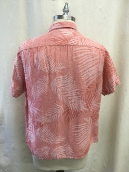 TASSO ELBA, Faded Red, White, Silk, Linen, Leaves/Vines , Floral Weave, Button Front, Collar Attached, Short Sleeves, 1 Pocket