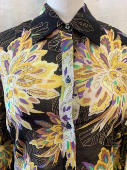 ELIE TAHARI, Black, Yellow, Purple, Ecru, Green, Cotton, Silk, Floral, Collar Attached, Button Front, Long Sleeves