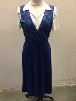 KDK DESIGNS, Violet Purple, Navy Blue, Purple, White, Teal Green, Polyester, Floral, Color Blocking, Floral Patterned "Vest" with Attached Solid White "Shirt" Underneath, Solid Navy Bottom Half, Short Sleeves, Collar Attached, Both Vest/Shirt Panels Have Buttons, Elastic Waist, Mid Calf Length,