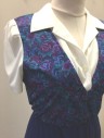 KDK DESIGNS, Violet Purple, Navy Blue, Purple, White, Teal Green, Polyester, Floral, Color Blocking, Floral Patterned "Vest" with Attached Solid White "Shirt" Underneath, Solid Navy Bottom Half, Short Sleeves, Collar Attached, Both Vest/Shirt Panels Have Buttons, Elastic Waist, Mid Calf Length,