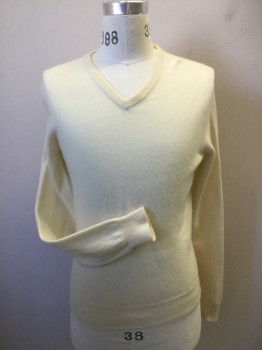 Mens, Pullover Sweater, POLO, Ivory White, Cashmere, Solid, S, V-neck, Long Sleeves, Knit,
