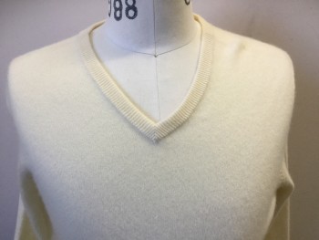 POLO, Ivory White, Cashmere, Solid, V-neck, Long Sleeves, Knit,
