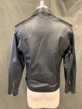 Mens, Leather Jacket, N/L, Black, Leather, Solid, XS, Motorcycle Style Jacket, Zip Front Collar Attached, Notched Lapel, 4 Pockets, Epaulets, Belt Loops, Self Belt