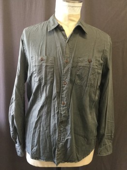 FAHERTY, Dk Gray, Cotton, Solid, Aged, Button Front, Collar Attached, Long Sleeves, 2 Pockets,