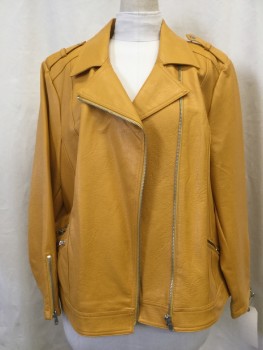 Womens, Leather Jacket, INC, Yellow, Faux Leather, Solid, 3 XL, Zip Front, Epaulets, 3 Zip Pockets