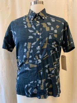 Mens, Casual Shirt, BILLY REID, Navy Blue, Blue, Gray, Cotton, Abstract , M, Front, Button Down Collar, Short Sleeves, 1 Pocket, Splotchy Spirnt