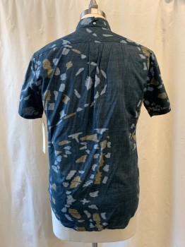 Mens, Casual Shirt, BILLY REID, Navy Blue, Blue, Gray, Cotton, Abstract , M, Front, Button Down Collar, Short Sleeves, 1 Pocket, Splotchy Spirnt