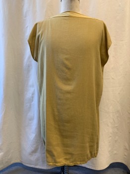 Mens, Historical Fiction Tunic, MTO, Dijon Yellow, Cotton, Linen, Solid, 2XL, Egyptian, Bateau/Boat Neck, Cap Sleeves, Tight Weave, Taupe Ribbon Neck Trim with Gold Stripes, Gold Ribbon Hem Trim
