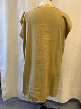 Mens, Historical Fiction Tunic, MTO, Dijon Yellow, Cotton, Linen, Solid, 2XL, Egyptian, Bateau/Boat Neck, Cap Sleeves, Tight Weave, Taupe Ribbon Neck Trim with Gold Stripes, Gold Ribbon Hem Trim